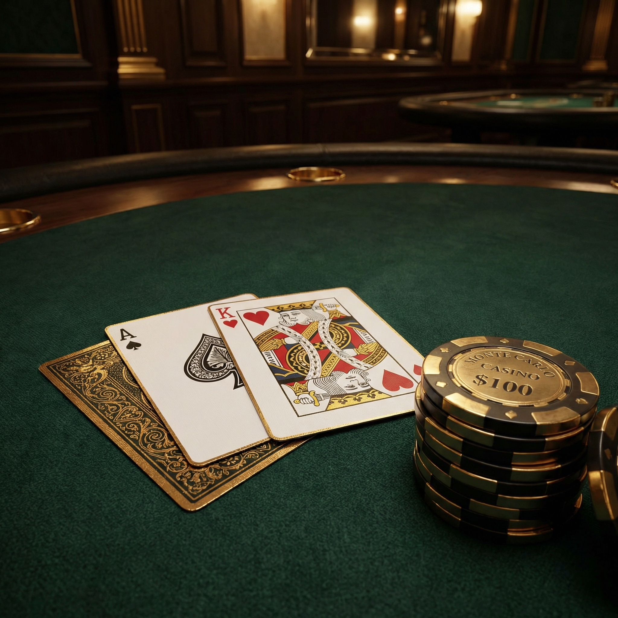 21点黑杰克游戏桌面展示扑克牌和筹码